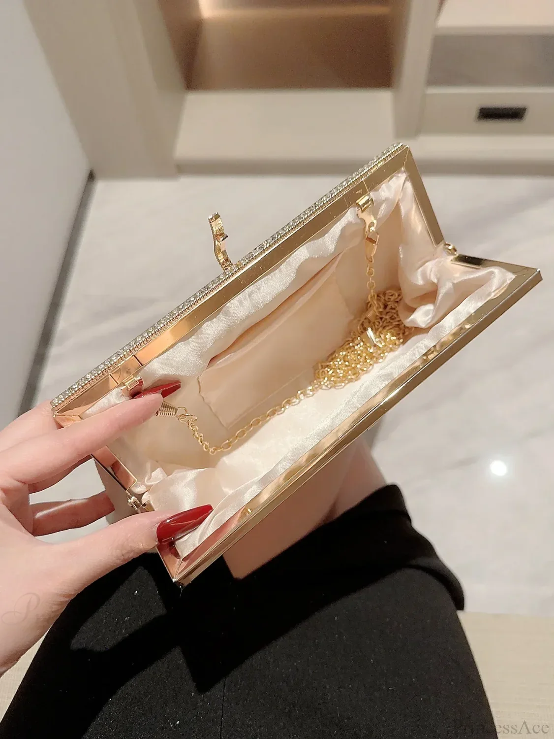 Velvet Fish Hook Rhinestone Decorated Evening Clutch Party Wedding Bag - Image 6