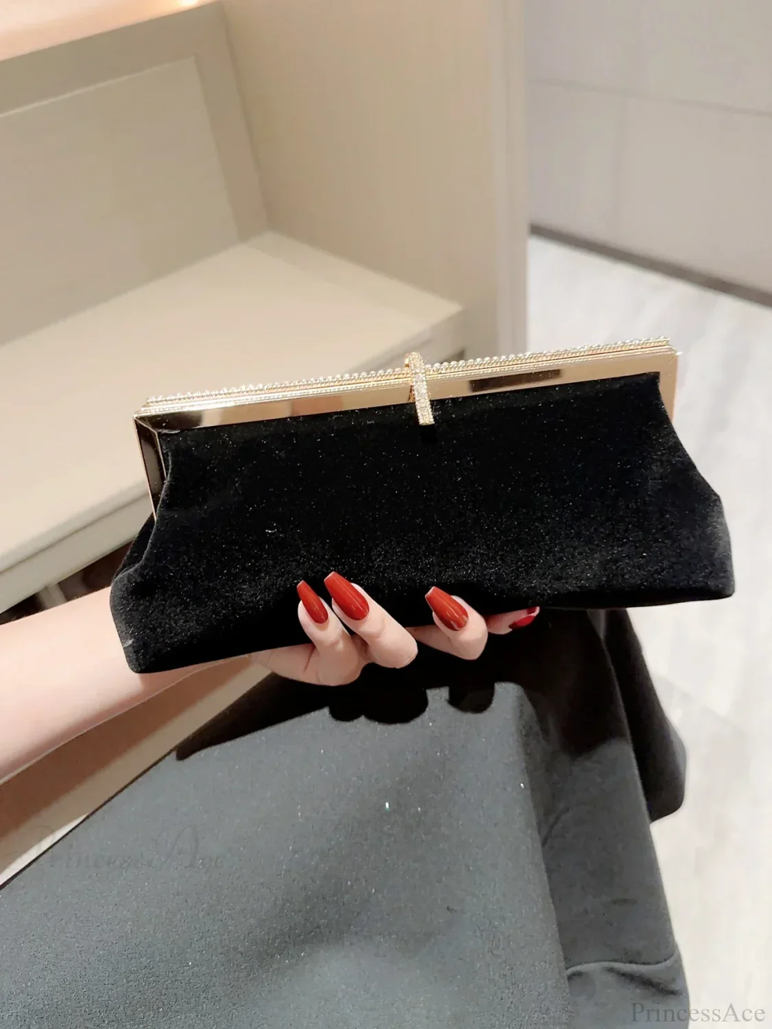 Velvet Fish Hook Rhinestone Decorated Evening Clutch Party Wedding Bag - Image 7