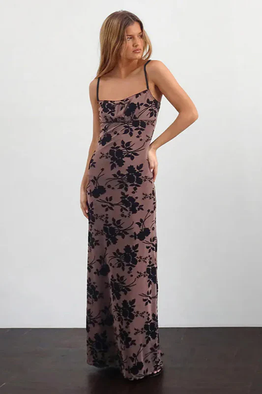 Velvet Flocked Slim Fit Strappy Long Party Dress - Image 4