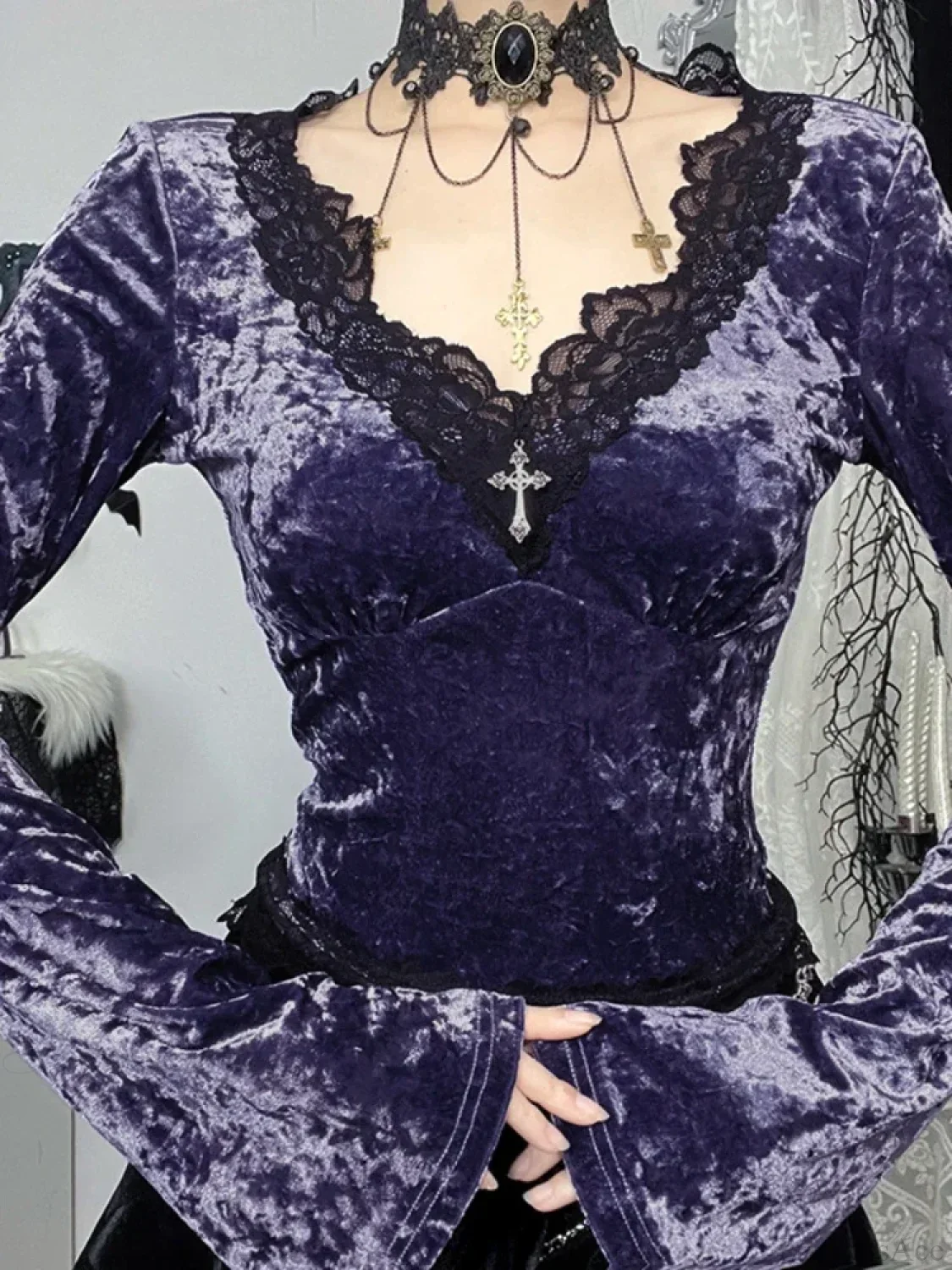 Velvet Lace Patchwork Knit Top