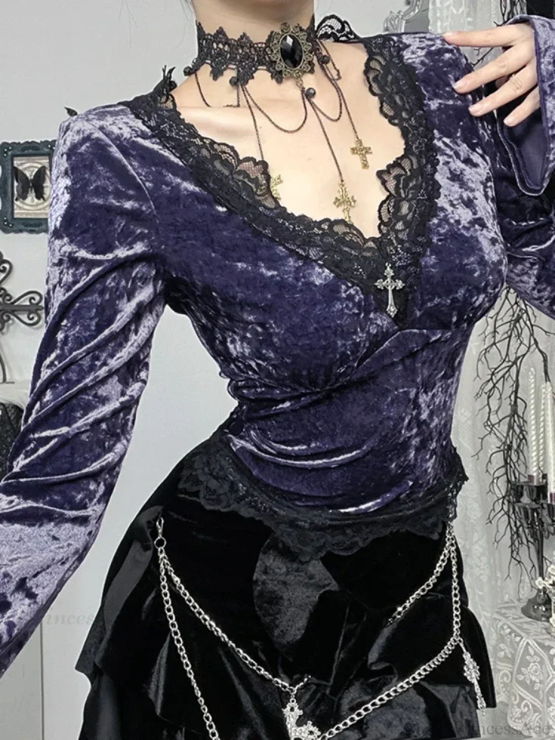 Velvet Lace Patchwork Knit Top - Image 2