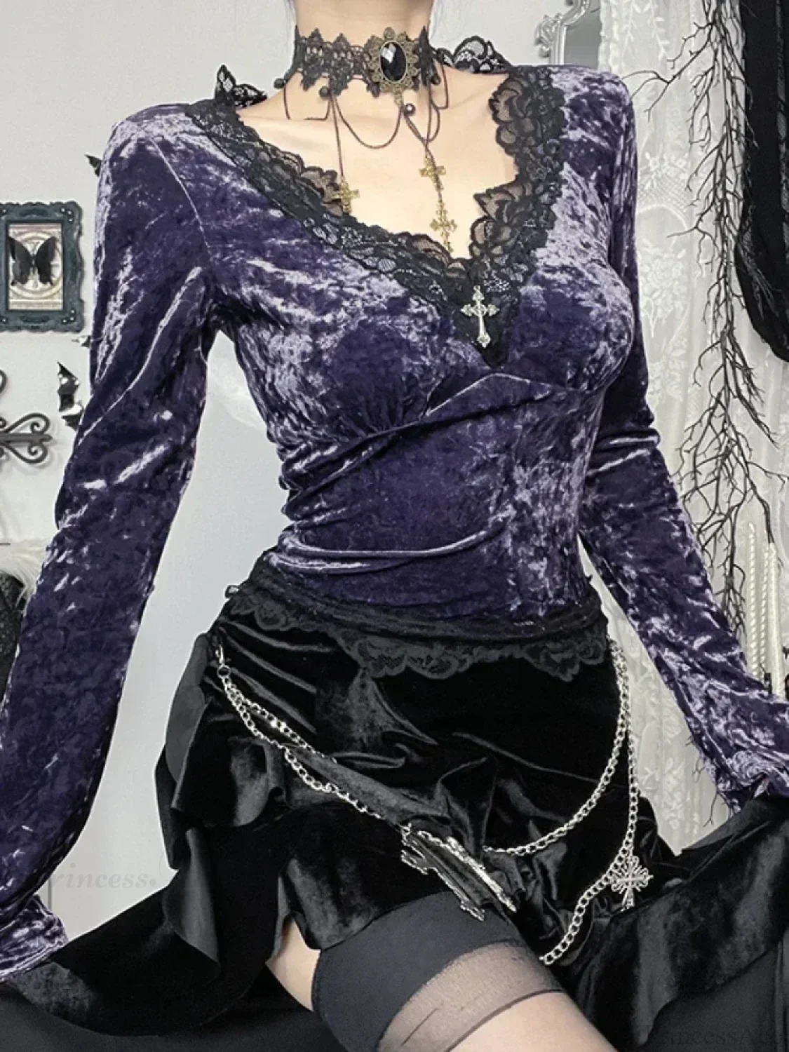 Velvet Lace Patchwork Knit Top - Image 4