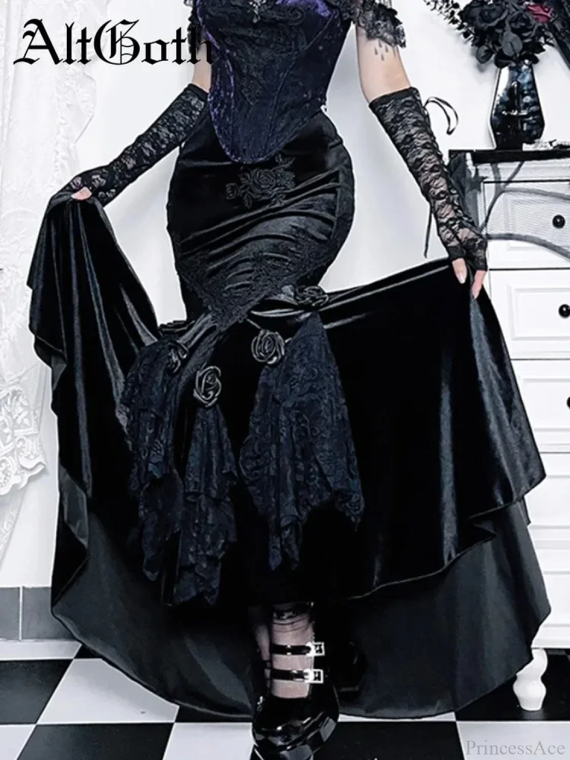 Velvet Lace Patchwork Trumpet Skirt - Image 10