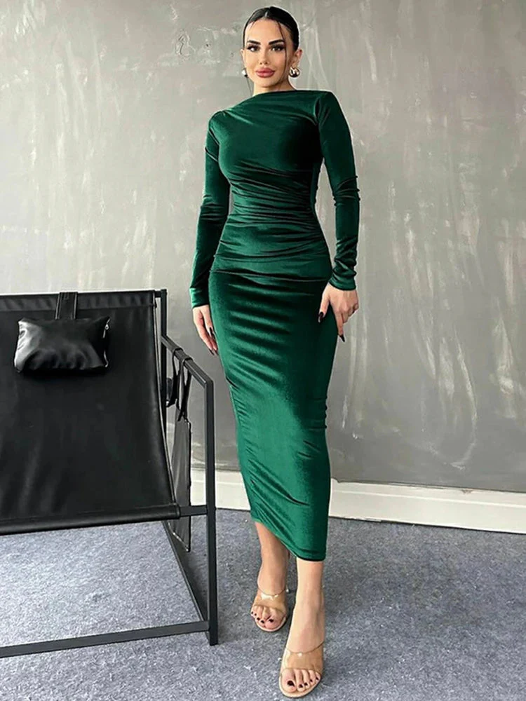 Velvet Long Sleeve Midi Dress - Elegant Party Clothes for Party - Image 2