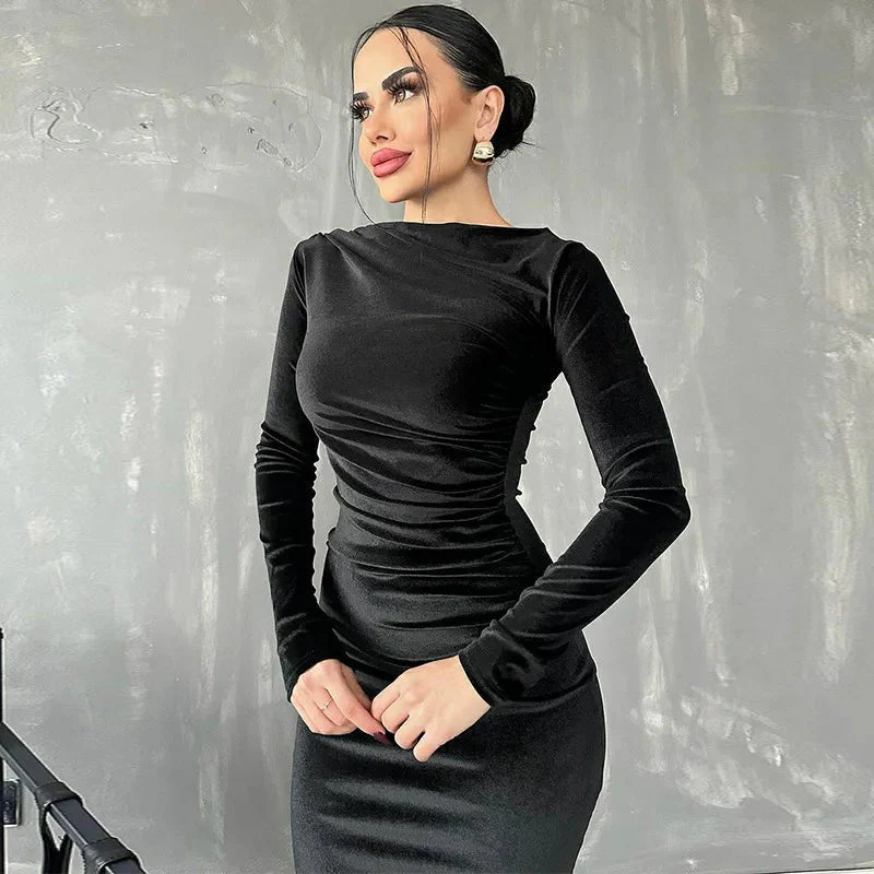 Velvet Long Sleeve Midi Dress - Elegant Party Clothes for Party - Image 7