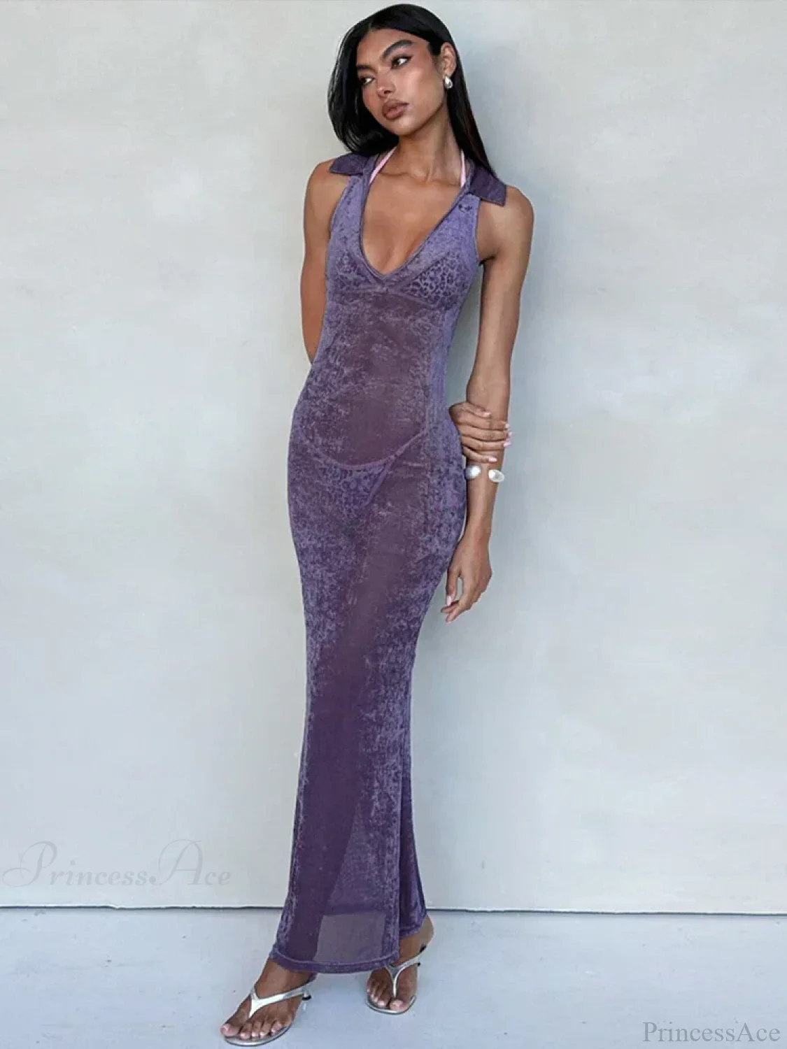 Velvet Perspective Turn-down Collar Vacation Dress - Image 4