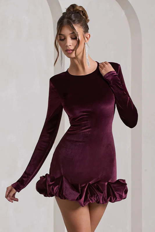Velvet Pleated Hem Long Sleeve Party Dress