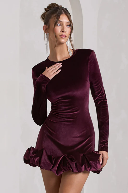 Velvet Pleated Hem Long Sleeve Party Dress - Image 2