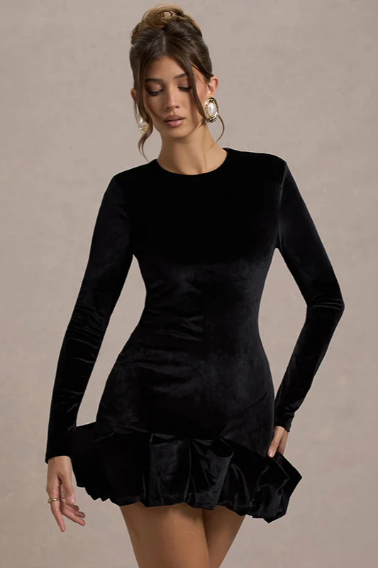 Velvet Pleated Hem Long Sleeve Party Dress - Image 6