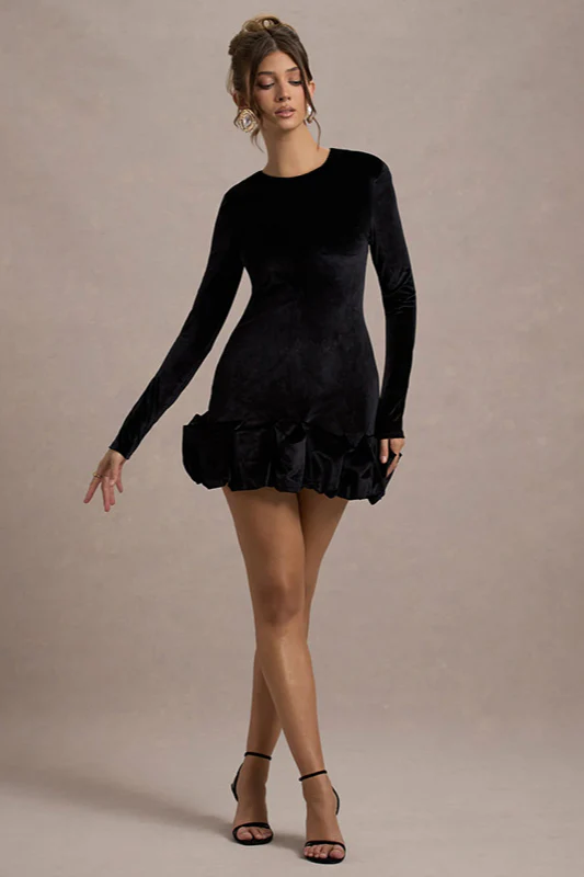 Velvet Pleated Hem Long Sleeve Party Dress - Image 8