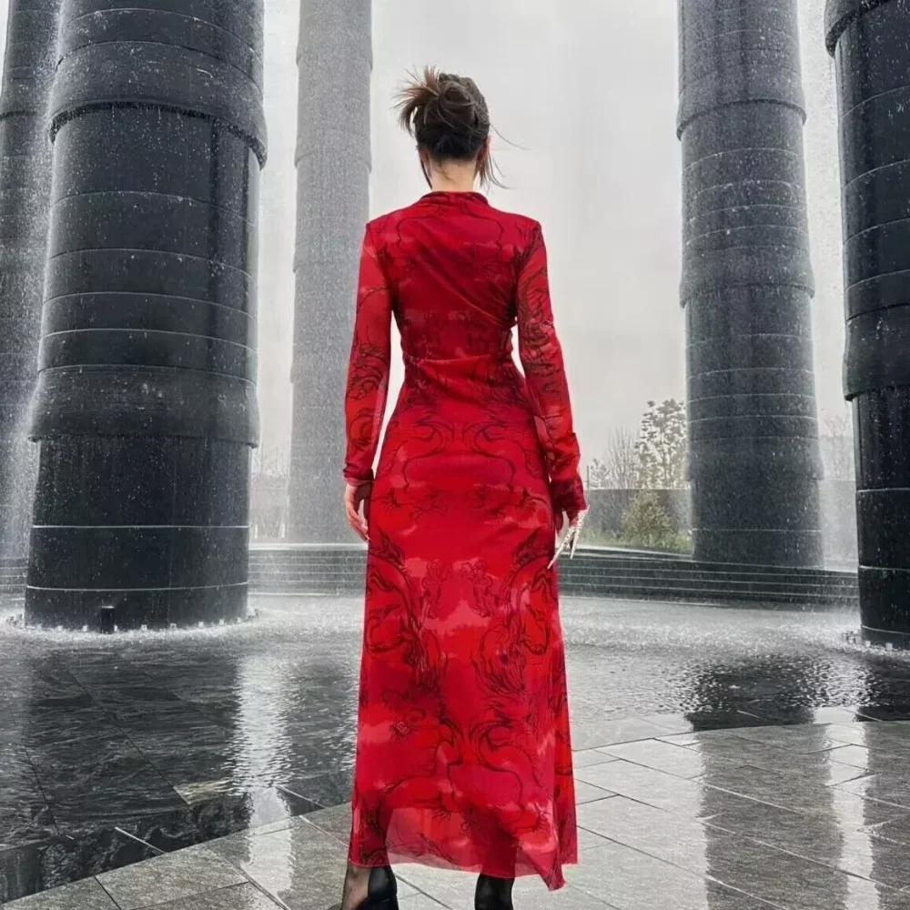 Versatile Limited Printed Screen Dress Women's Fashion Style Year Loong Party Dress - Image 2