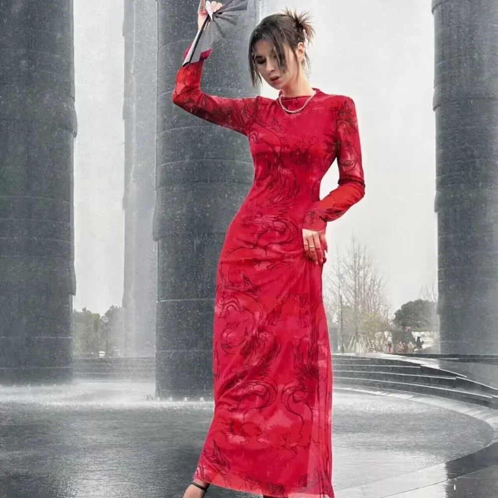 Versatile Limited Printed Screen Dress Women's Fashion Style Year Loong Party Dress - Image 3
