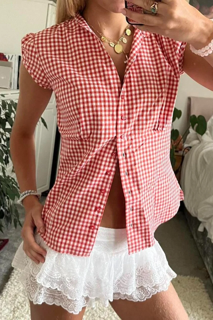 Versatile Red White Plaid Blouse - Image 2