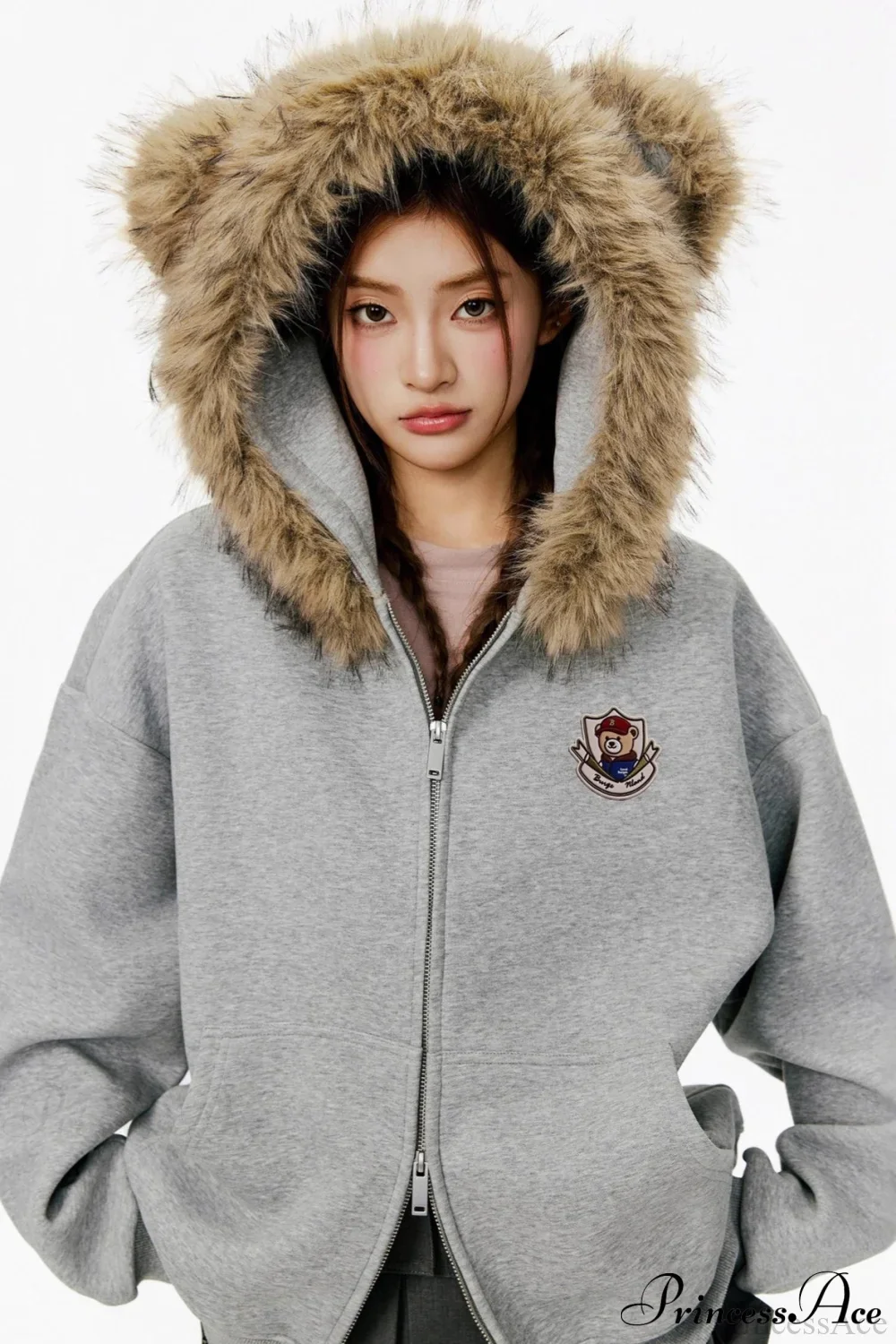 Vintage Bear Ear Fleece Collar Zip Hoodie - Image 5