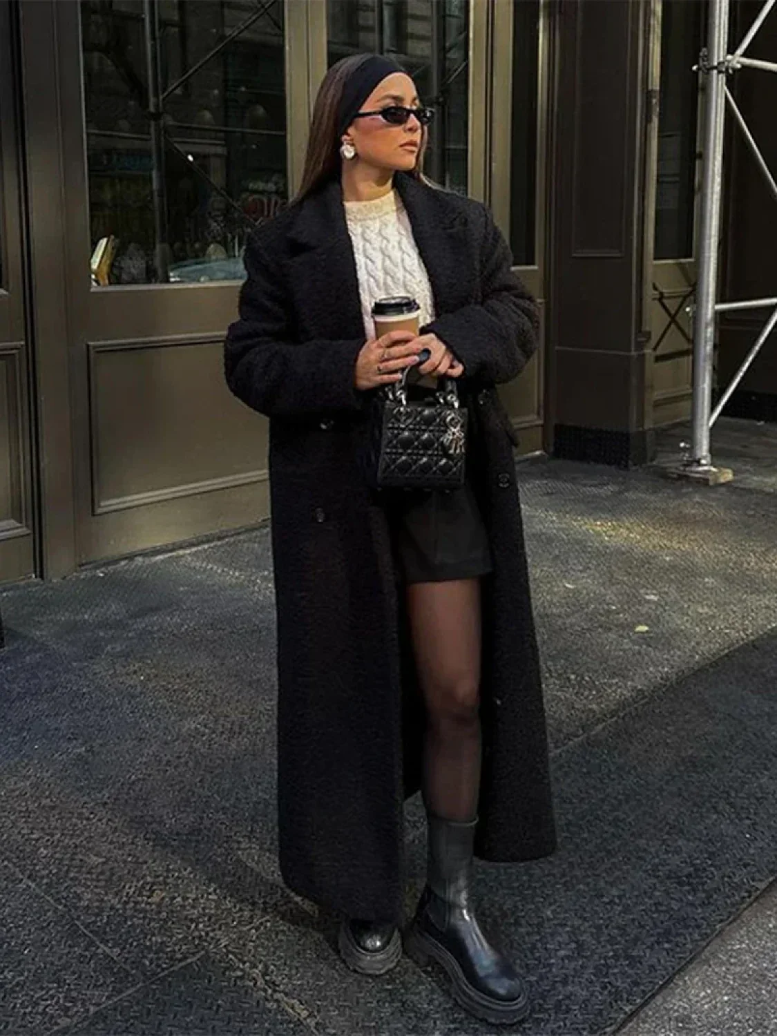 Vintage Black Woolen Double-Breasted Overcoat - Image 3