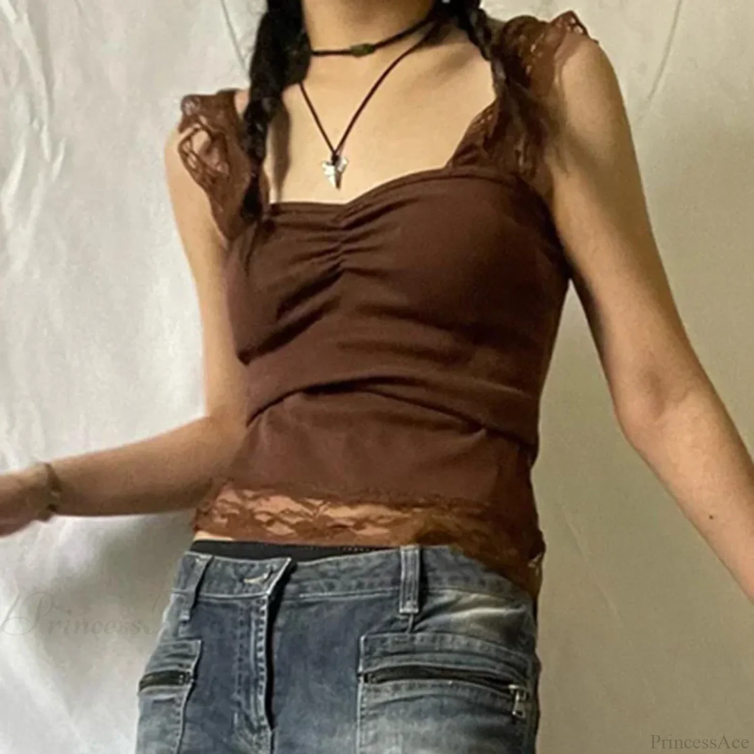 Vintage Brown Lace Patchwork Open Back Slim Fit Fairy Grunge Y2K Camis Crop Top - Image 2
