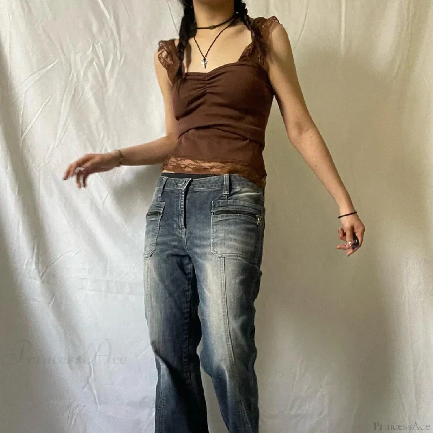 Vintage Brown Lace Patchwork Open Back Slim Fit Fairy Grunge Y2K Camis Crop Top - Image 4