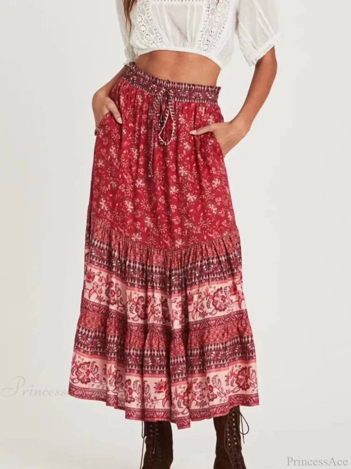 Vintage Chic Hippie Floral Peacock Printed High Waist Rayon A-Line Midi Boho Skirt