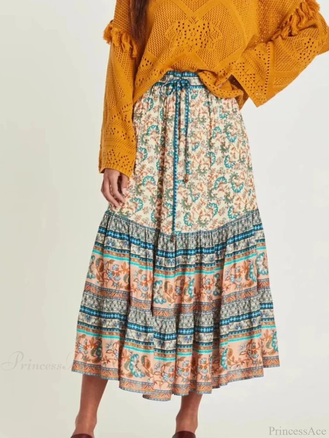 Vintage Chic Hippie Floral Peacock Printed High Waist Rayon A-Line Midi Boho Skirt - Image 2