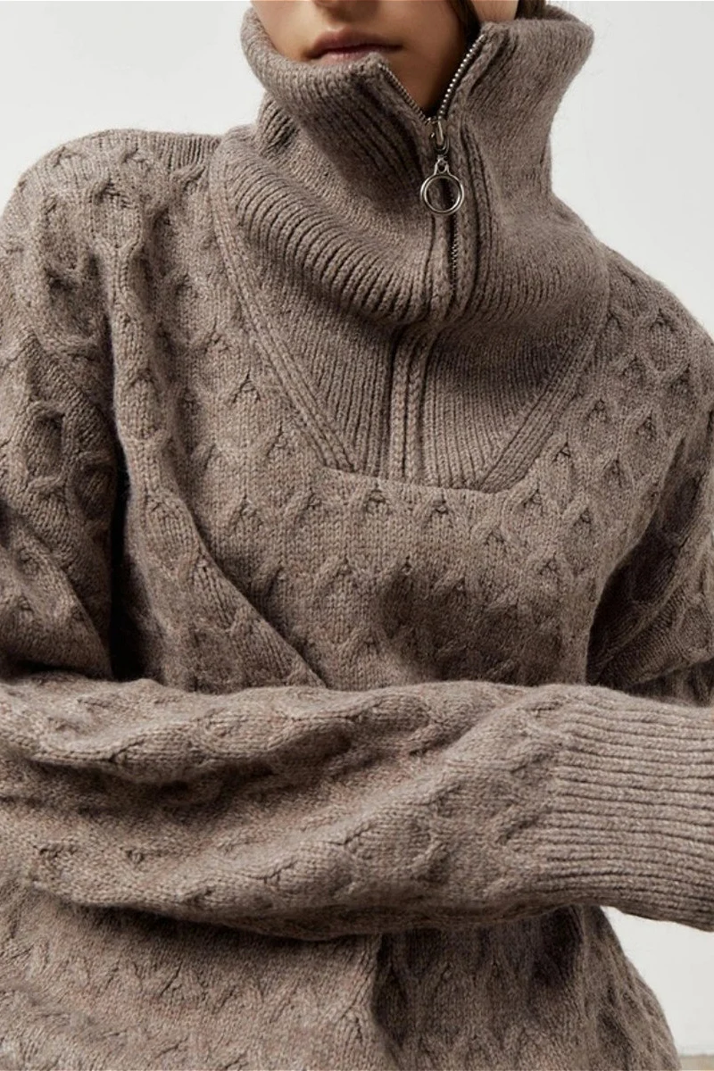 Vintage Chunky Knit High Neck Zip Up Sweater - Image 2