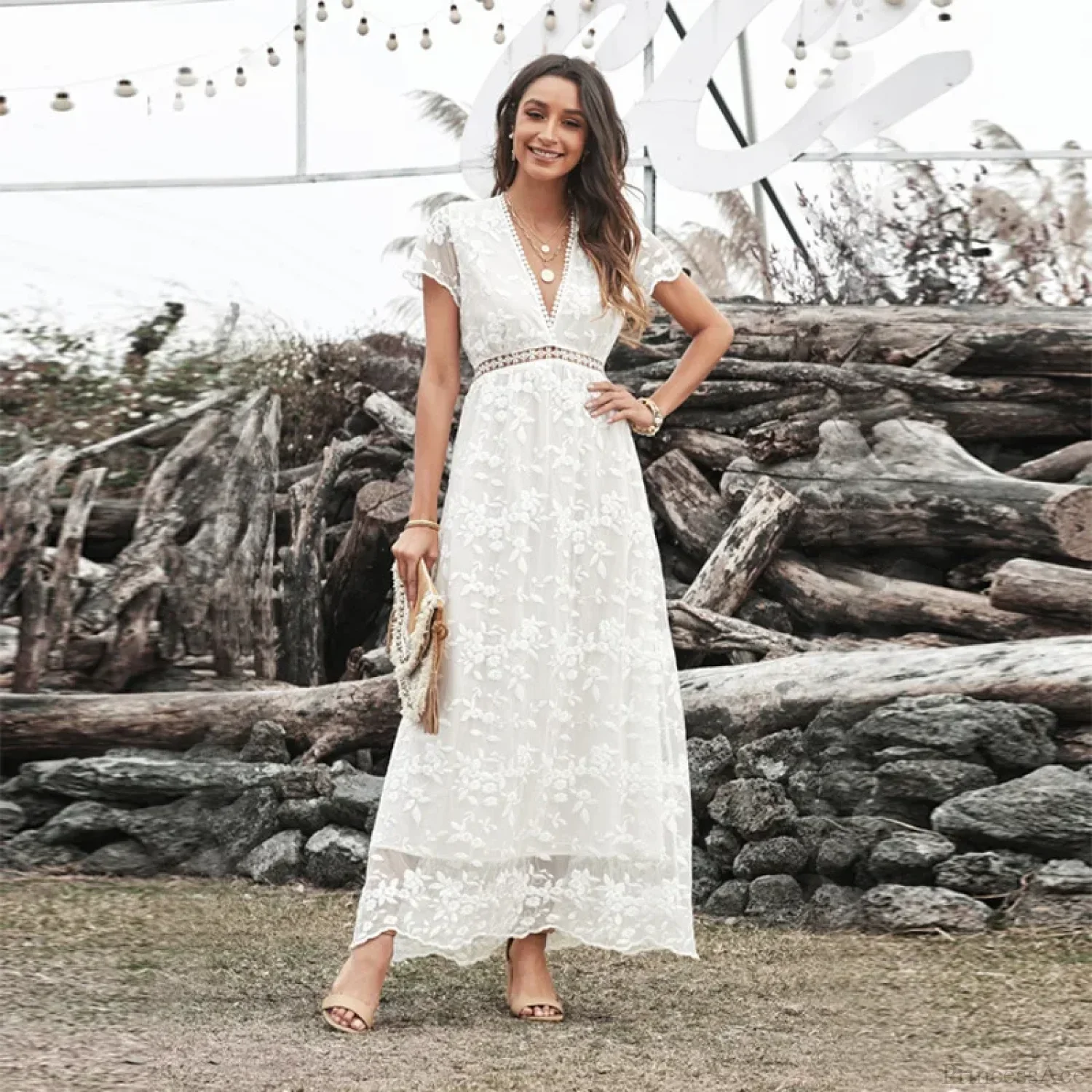 Vintage Deep V Short Sleeve Dress - Image 3