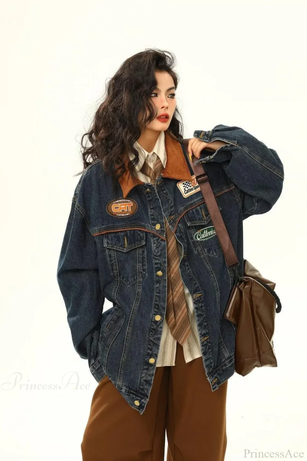 Vintage Embroidered Denim Loose Lapel Utility Jacket - Image 3