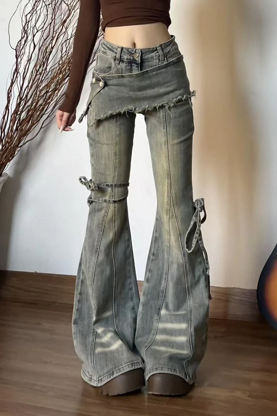 Vintage Fake Two Piece Bootcut Tie Waist Jeans - Image 4