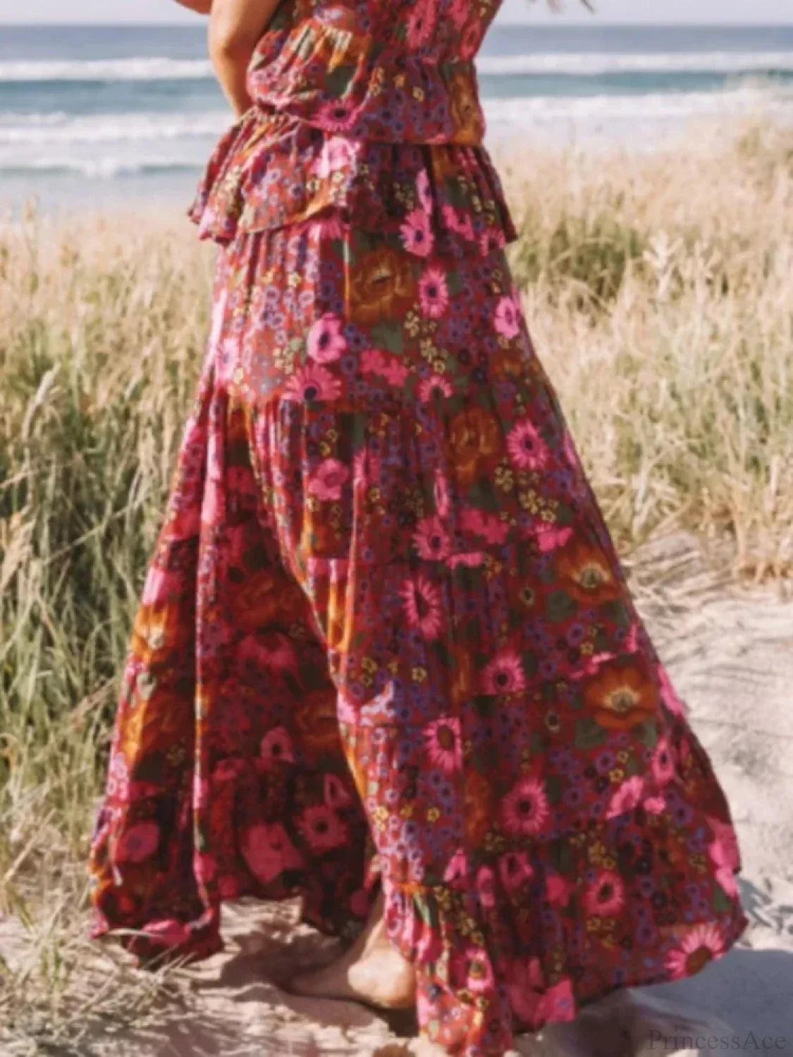Vintage Fashion Bohemian Red Floral Print Beach Long Skirt - Image 2