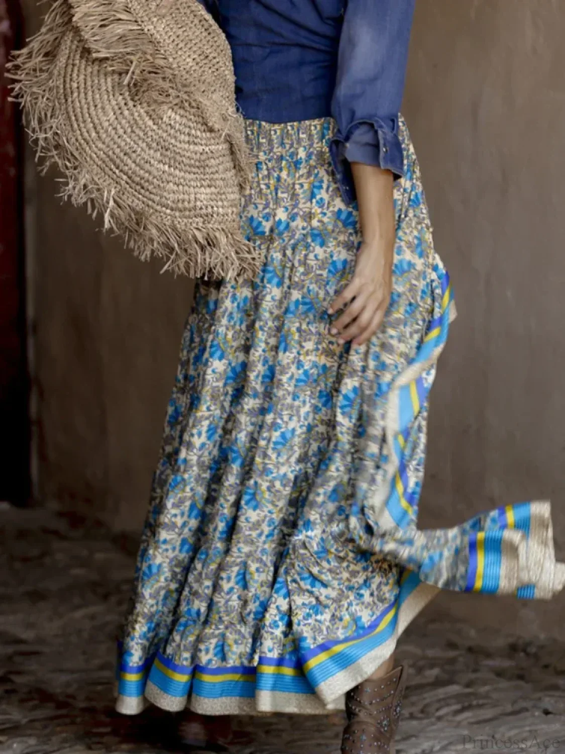 Vintage Fashion Ethnic Floral Print Beach Bohemian Irregular A-Line Boho Skirt - Image 2