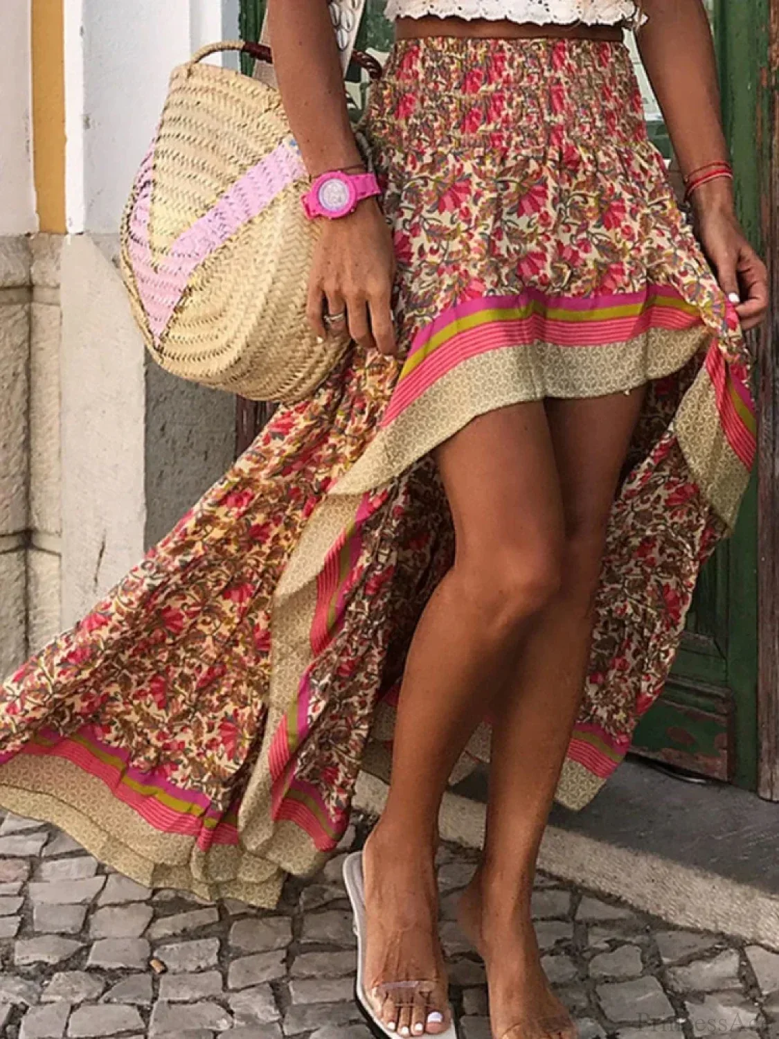 Vintage Fashion Ethnic Floral Print Beach Bohemian Irregular A-Line Boho Skirt - Image 3