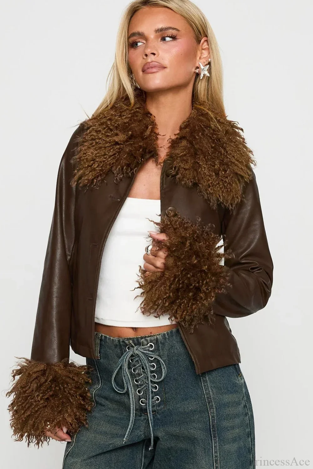 Vintage Fleece-Collar Leather Paneled Jacket - Image 3