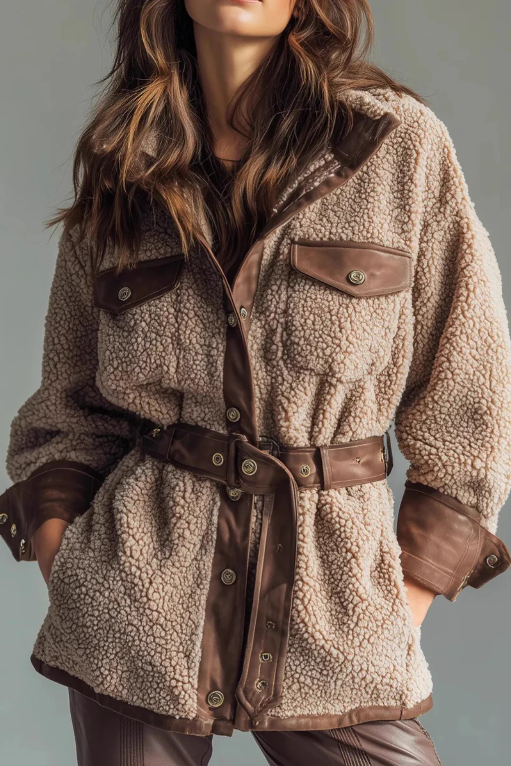 Vintage Fleece Paneled Pocket Belted Coat