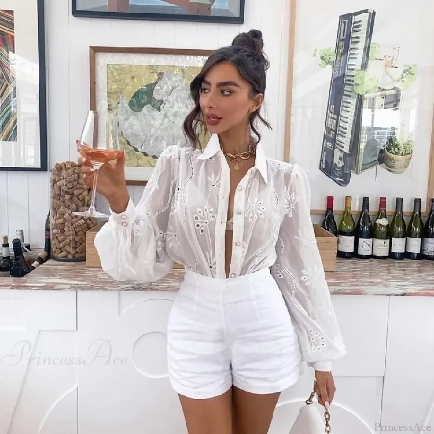 Vintage Floral Embroidery Hollow Out Puff Sleeve Boho Blouse - Image 4
