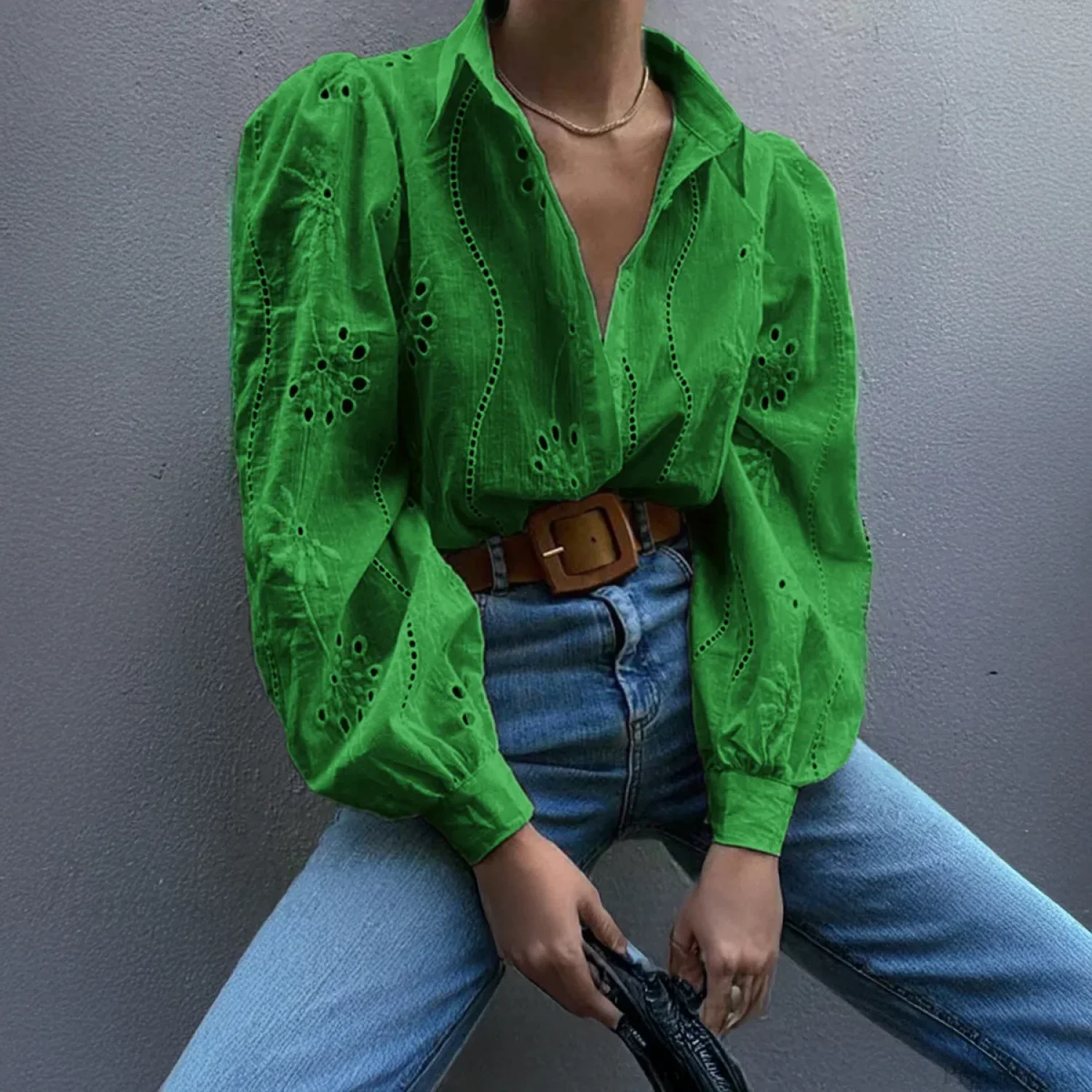 Vintage Floral Embroidery Hollow Out Puff Sleeve Boho Blouse - Image 7