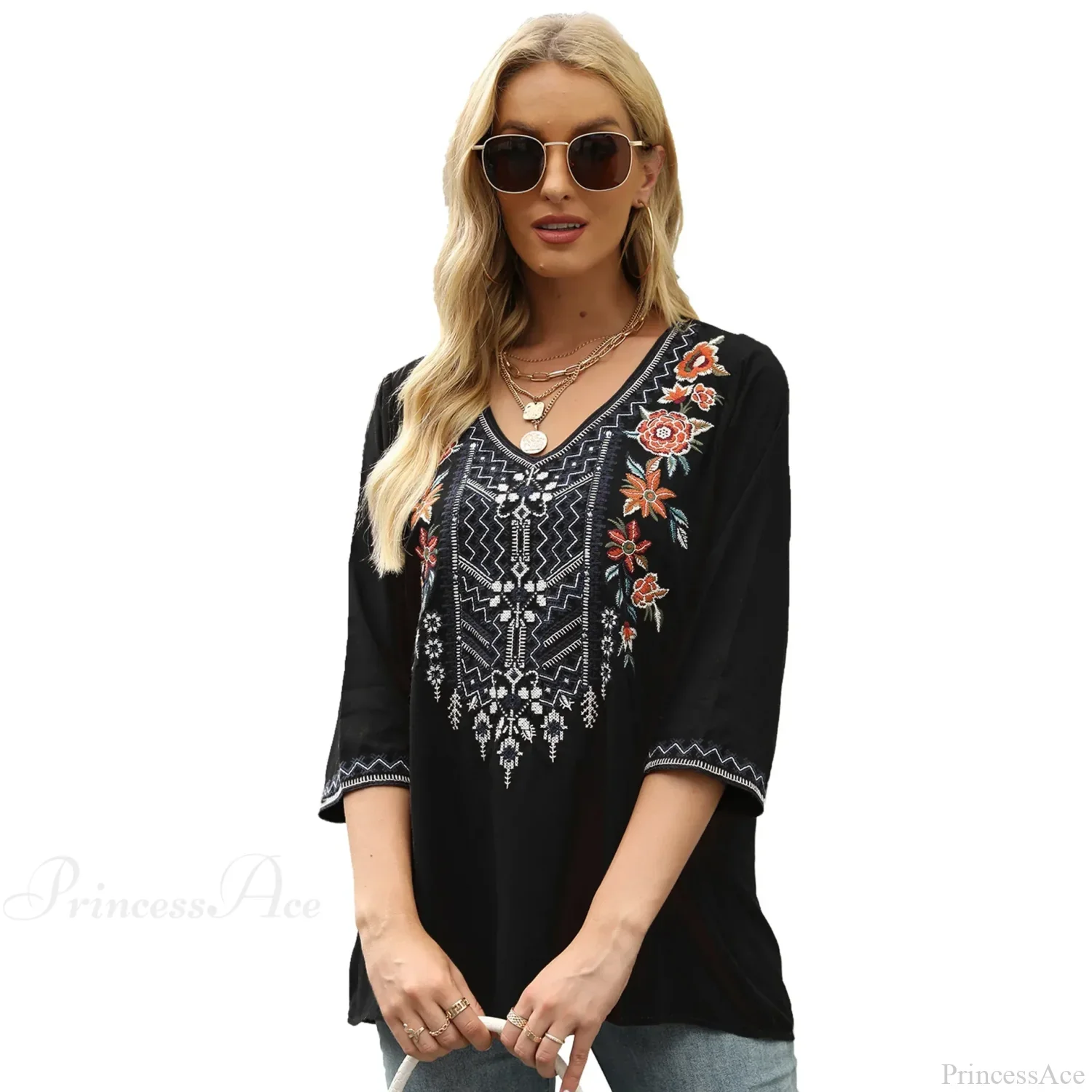 Vintage Floral Embroidery Loose Cotton Long Sleeve Boho Blouse - Image 7
