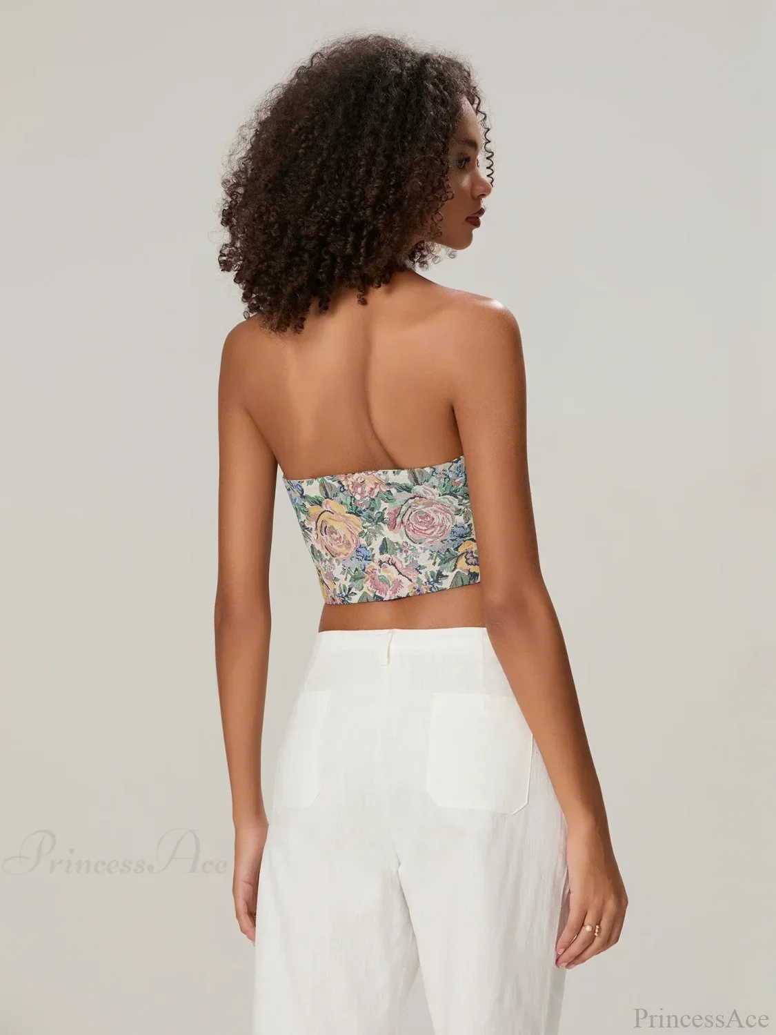 Vintage Floral Halterneck Bow Tied Front Deep V Crop Top - Image 3