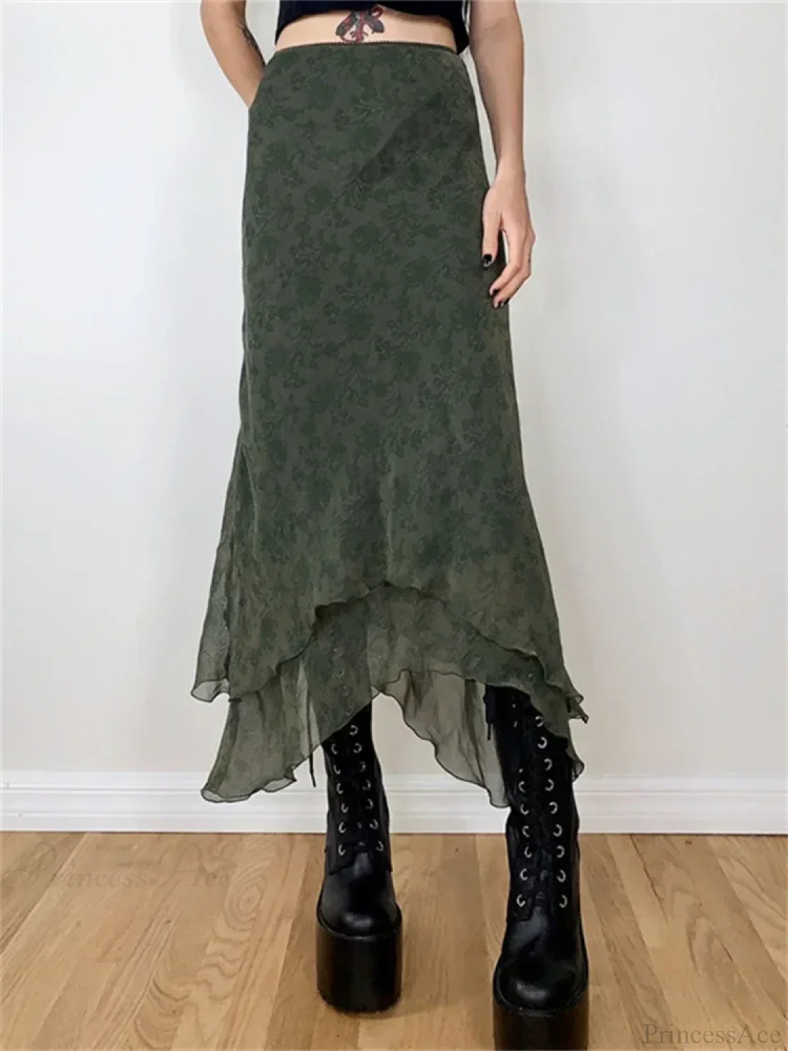 Vintage Floral Midi Skirt High Waist Mesh Irregular