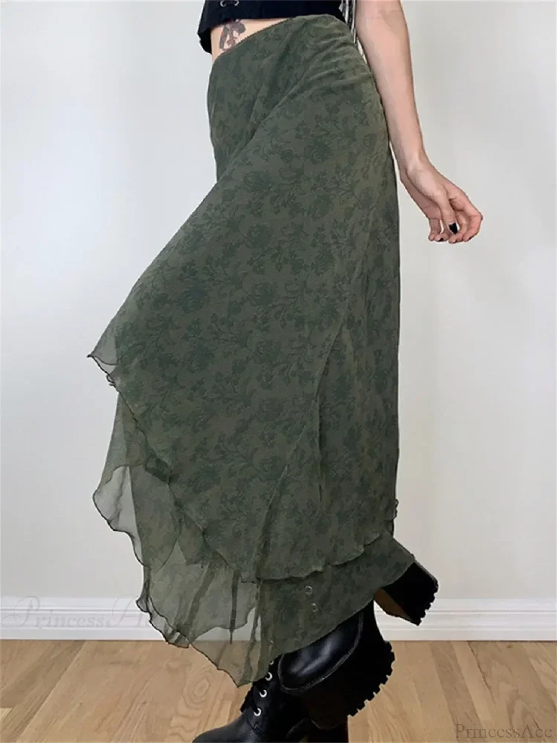 Vintage Floral Midi Skirt High Waist Mesh Irregular - Image 2