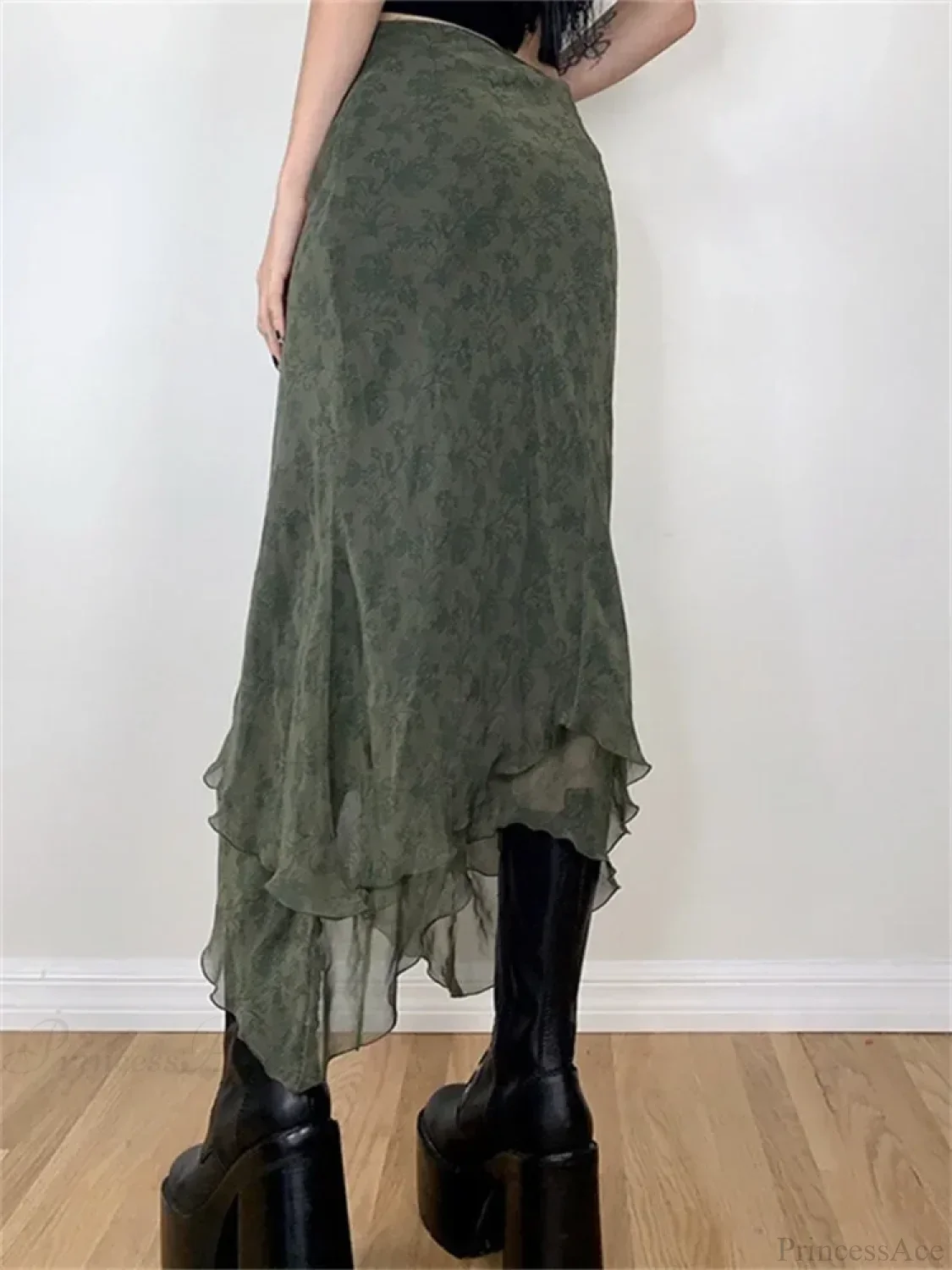 Vintage Floral Midi Skirt High Waist Mesh Irregular - Image 3
