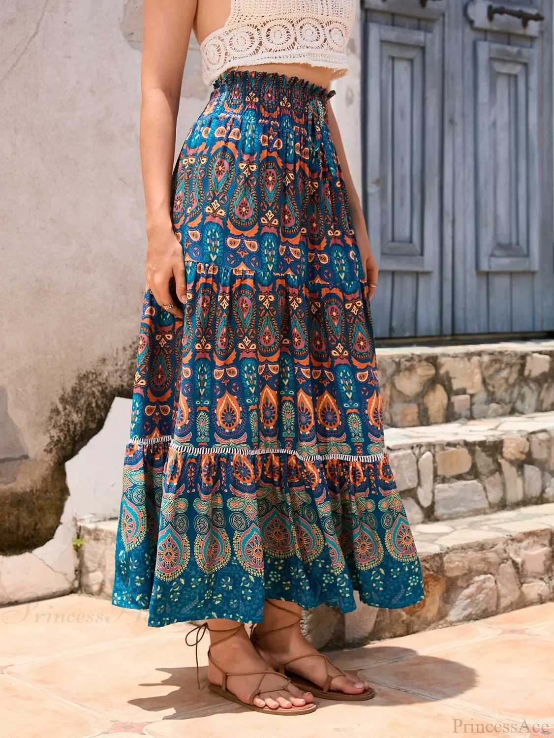 Vintage Floral Peacock Skirt High Elastic Beach Bohemian A-line - Image 2