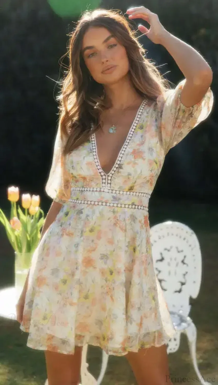 Vintage Floral Print Long Sleeve Hollow Out Sexy V-neck Mini Boho Dress - Image 5