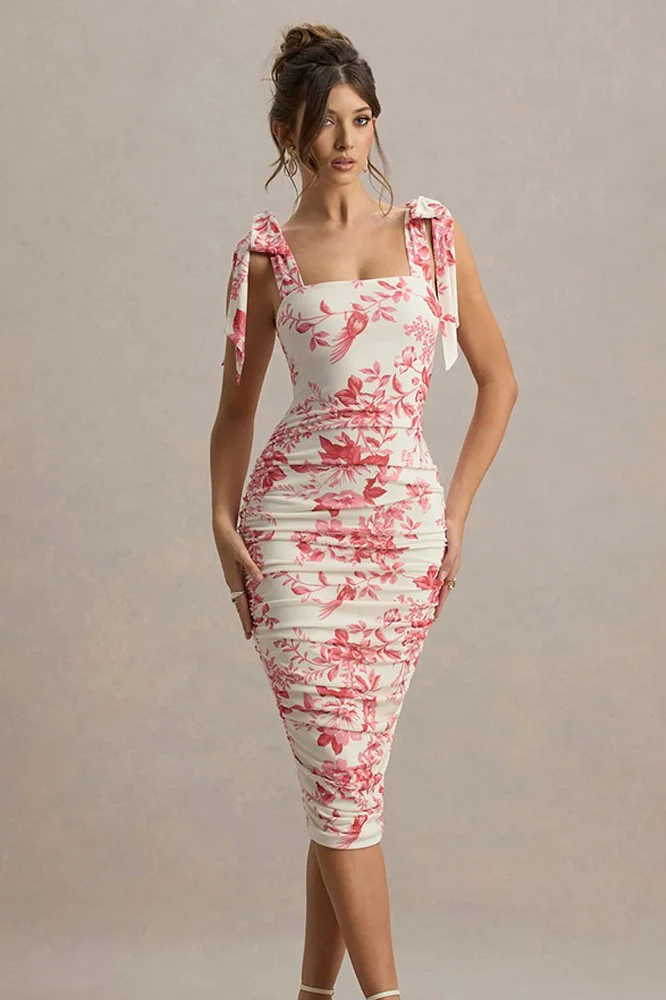 Vintage Floral Print Ruched Maxi Dress