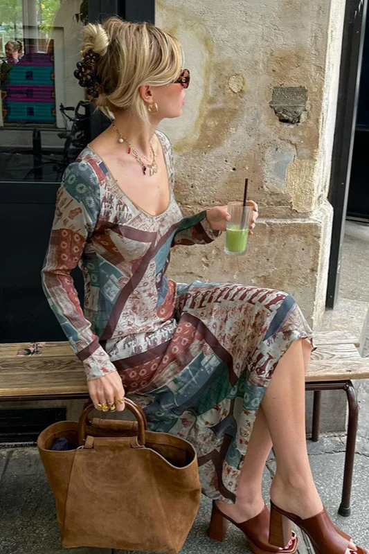 Vintage Floral Print V-Neck Bodycon Maxi Dress