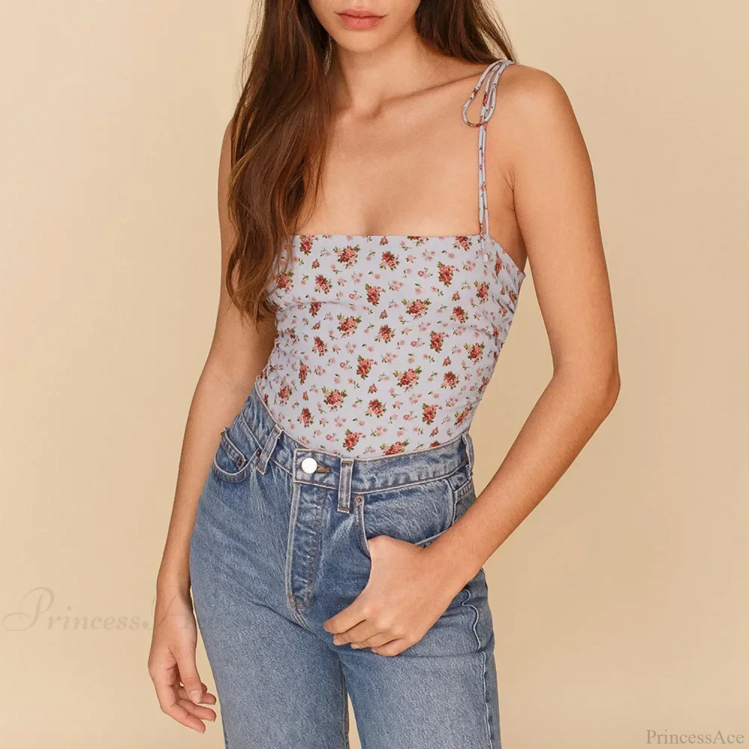 Vintage Floral Smocked Tie Strap Slim Fitted Crop Cami Top - Image 4
