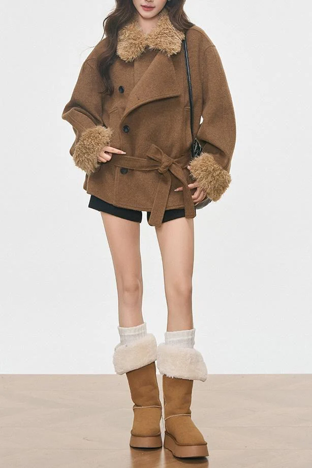 Vintage Fur Collar Fur Cuffs Short Woolen Coat - Image 2