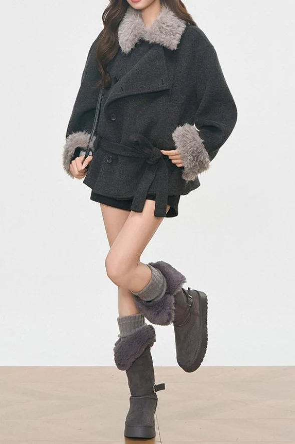 Vintage Fur Collar Fur Cuffs Short Woolen Coat - Image 6
