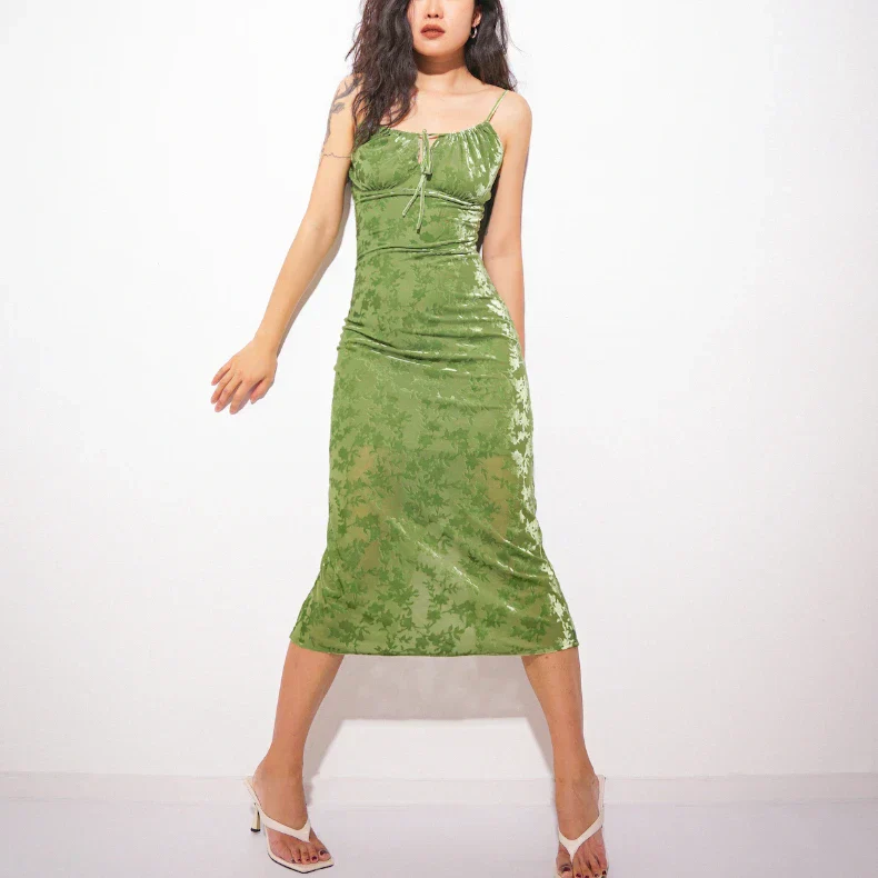 Vintage Green Velvet Burnt Flower Long Strap Backless Sleeveless Boho Party Dress - Image 5