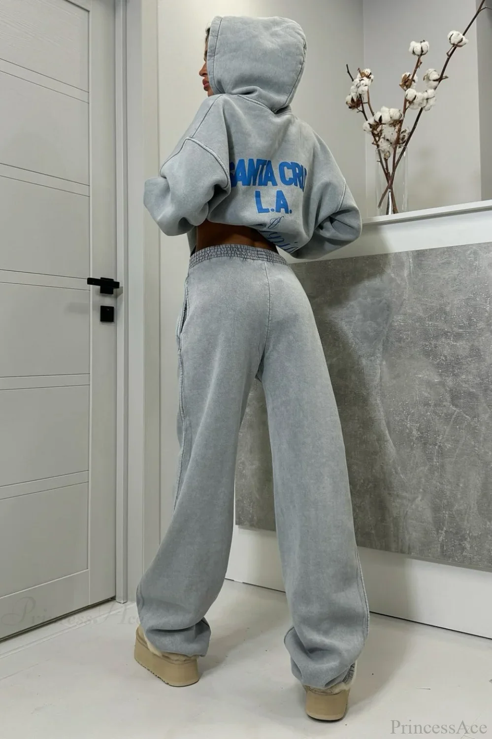 Vintage High Street Gray Loose Hoodie Jogger Two Piece Set - Image 4