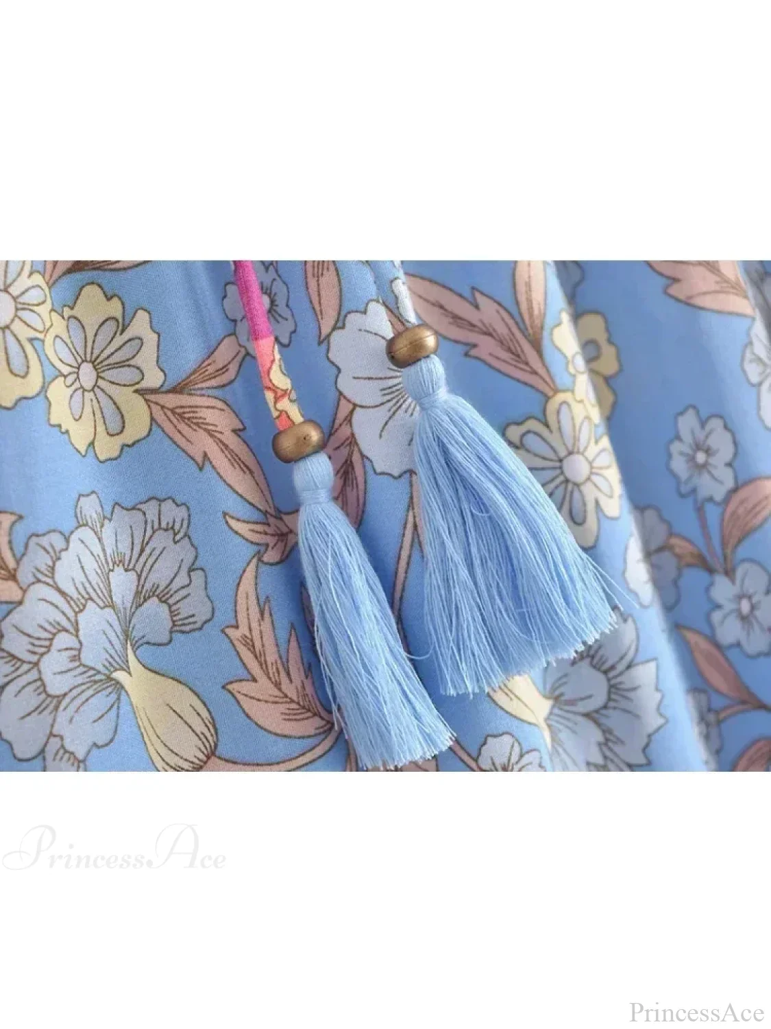 Vintage Hippie Blue Floral Print Tassel Beach Skirt High Elastic A-Line - Image 2
