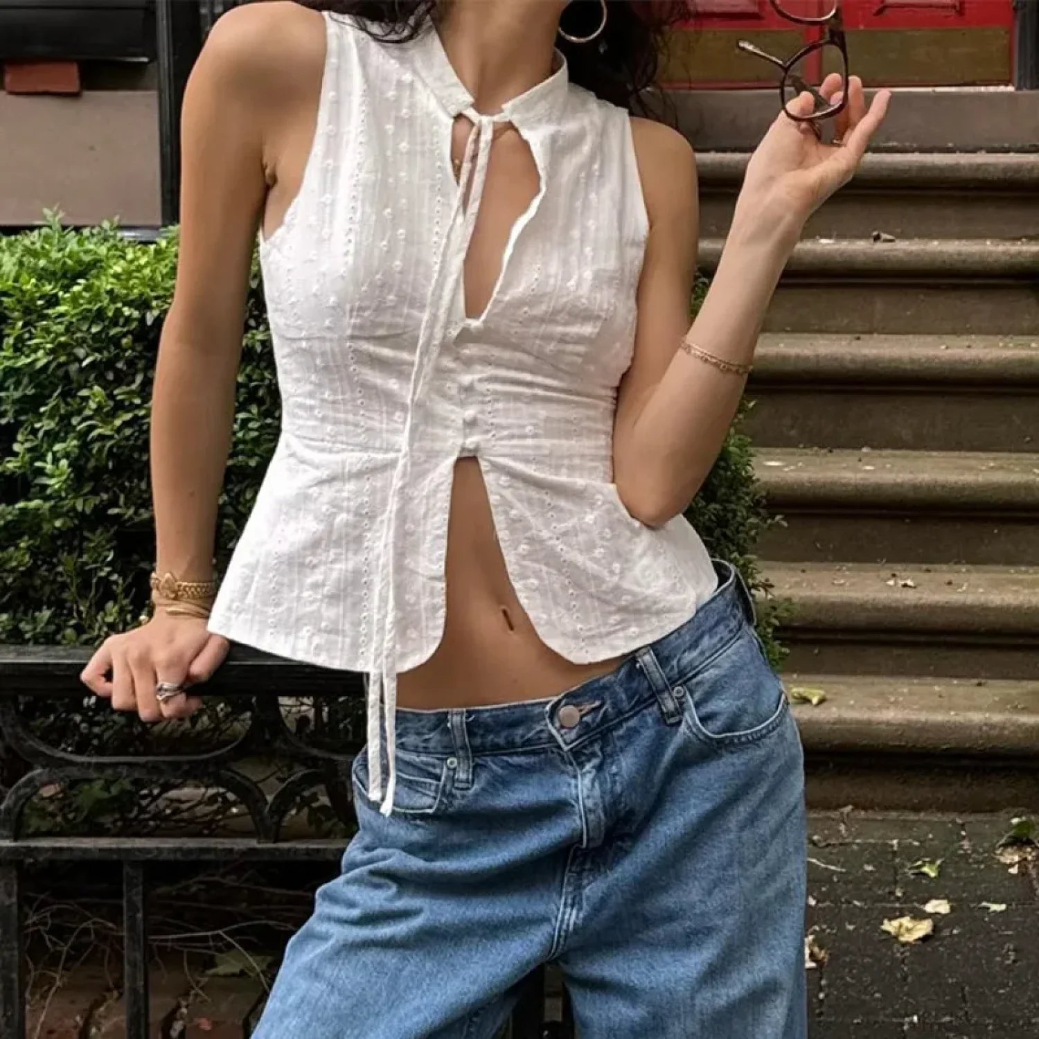 Vintage Jacquard Tie Up Neck Front Cutout Y2K Cottage Streetwear Crop Top - Image 2